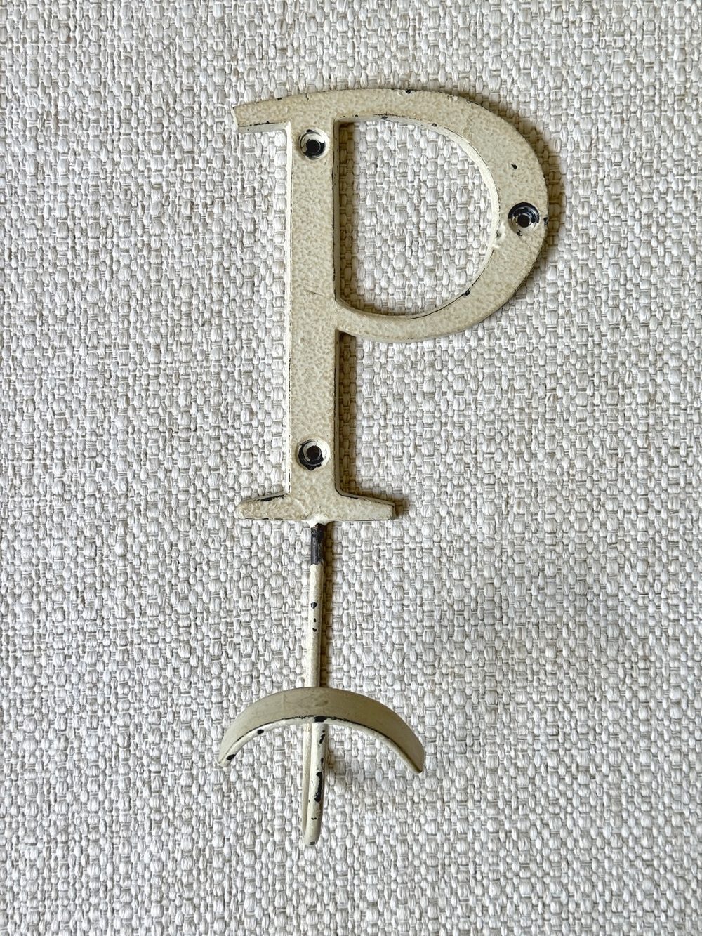 Anthropologie Metal Off-White, Distress-Painted Letter P Wall Hook